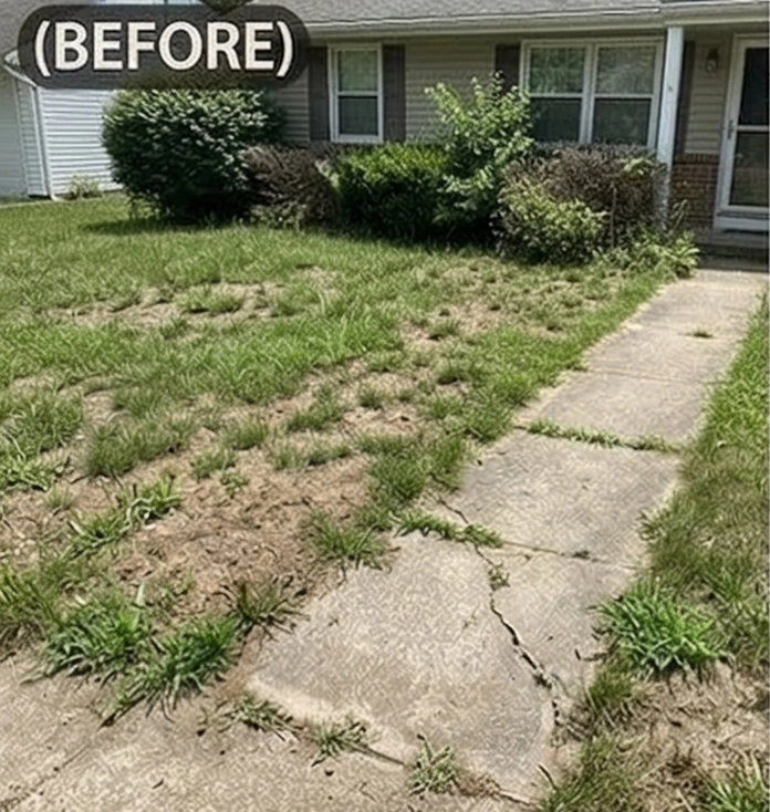 Overgrown yard before landscaping transformation