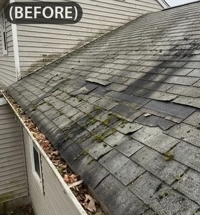 Damaged roof with moss and wear before replacement